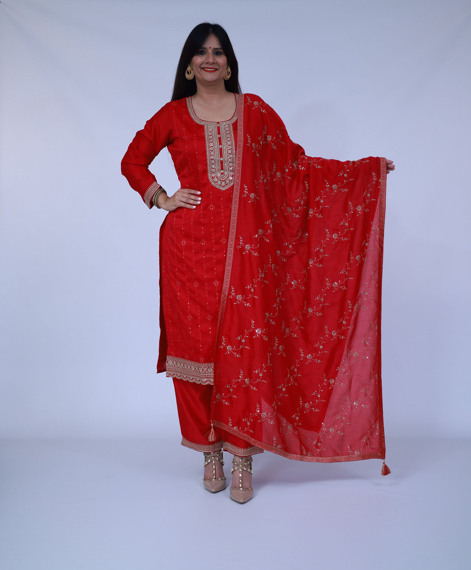 Red Embroidered Silk Blend Suit Set With Trousers and dupatta