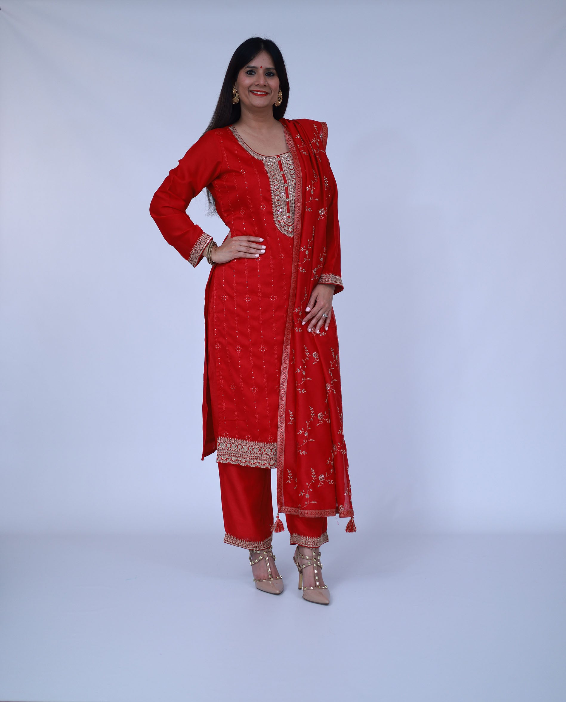 Red Embroidered Silk Blend Suit Set With Trousers and dupatta