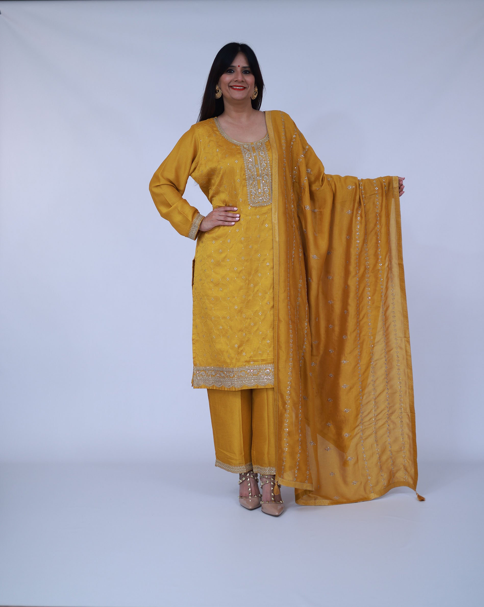 Yellow Embroided Silk Suit with pants and dupatta