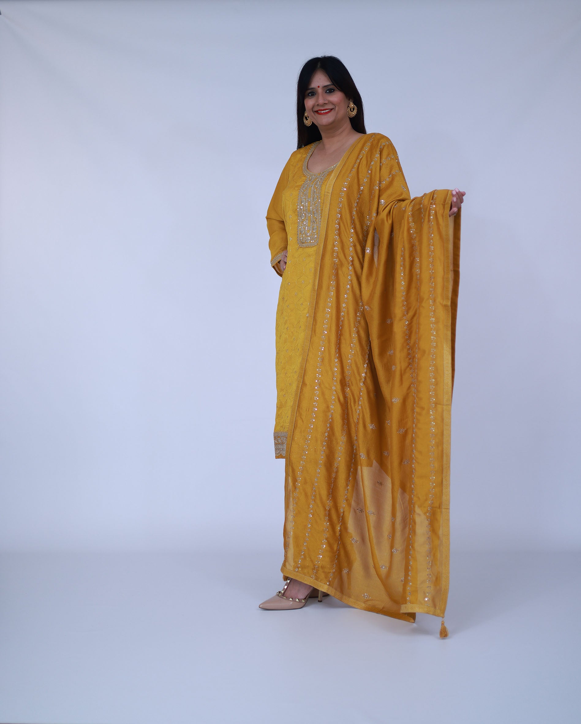 Yellow Embroided Silk Suit with pants and dupatta
