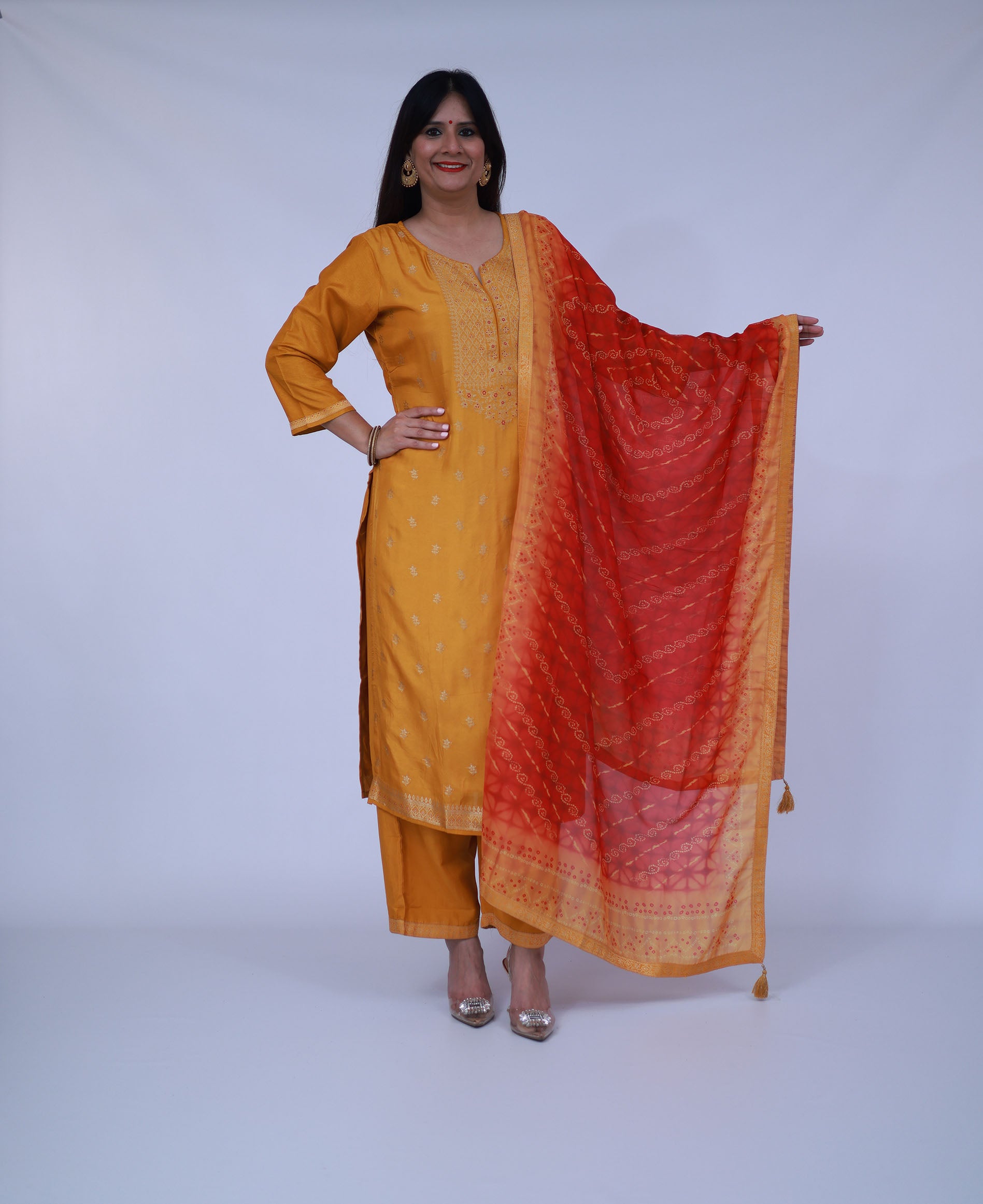 Yellow Silk blend Suit with orange bandhani dupatta