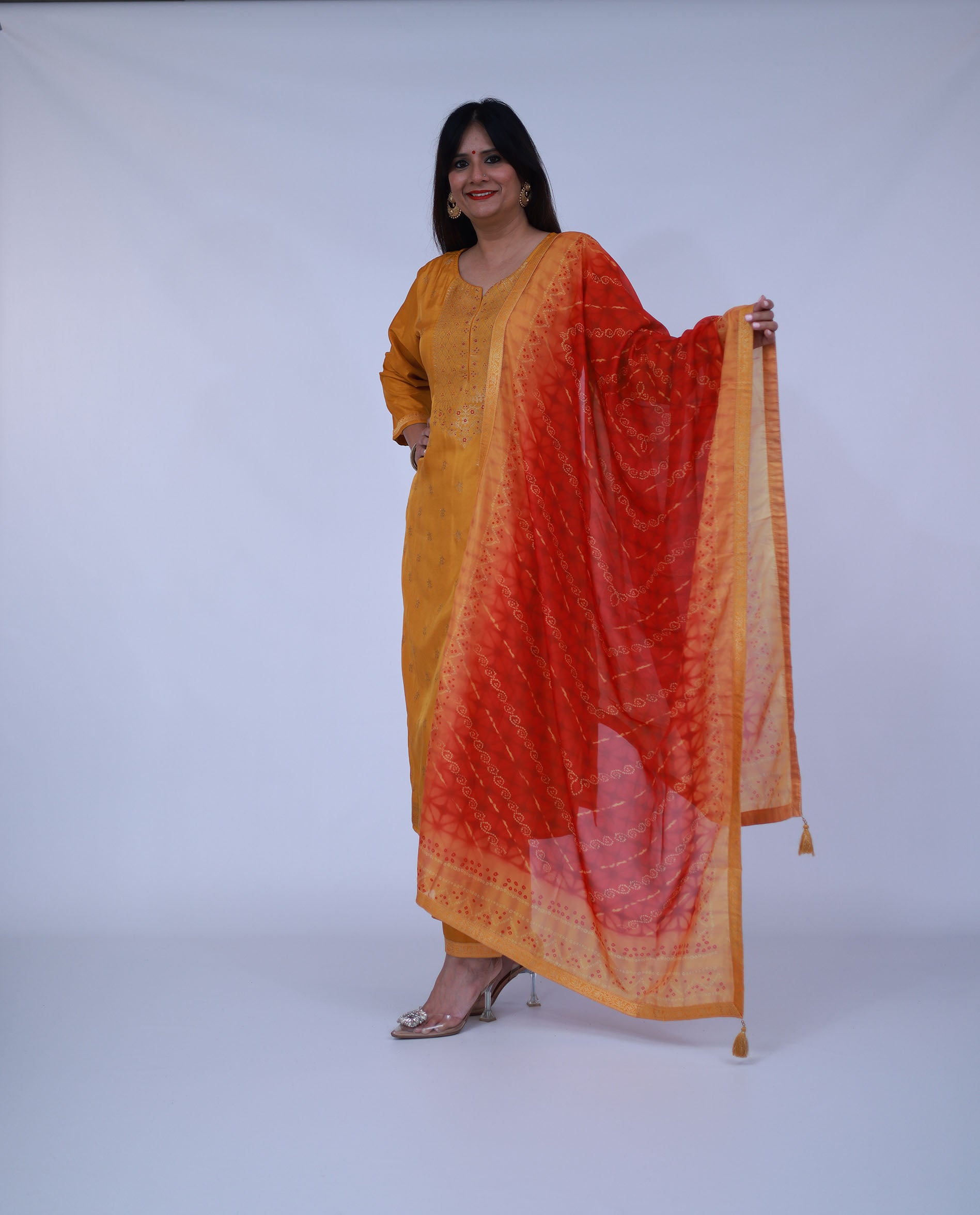 Yellow Silk blend Suit with orange bandhani dupatta