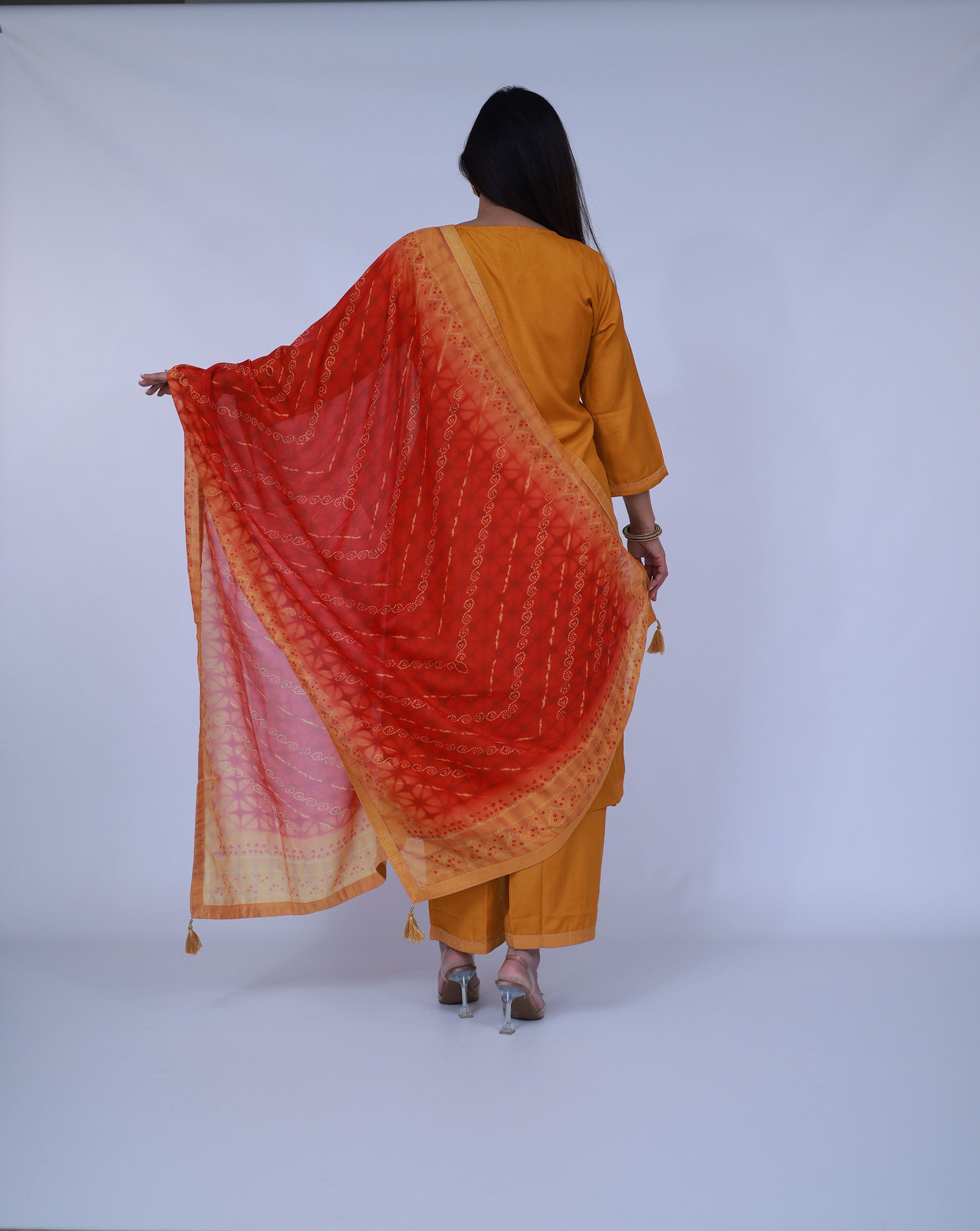 Yellow Silk blend Suit with orange bandhani dupatta
