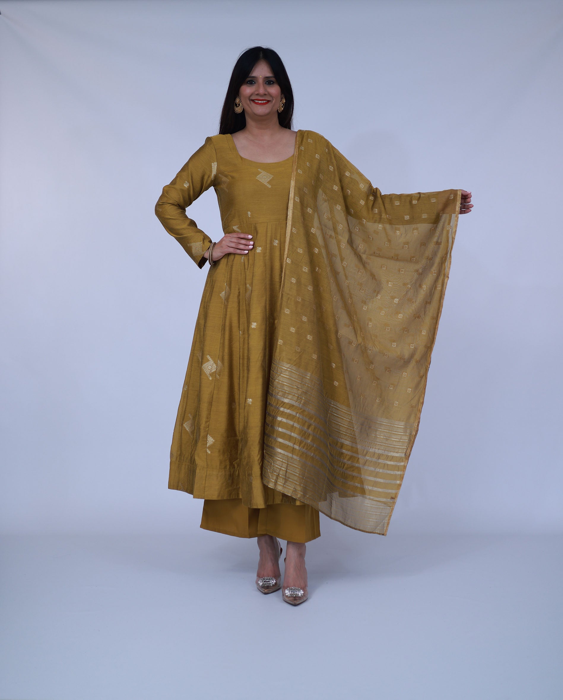Mustard Woven Chanderi Silk Anarkali Suit With Dupatta