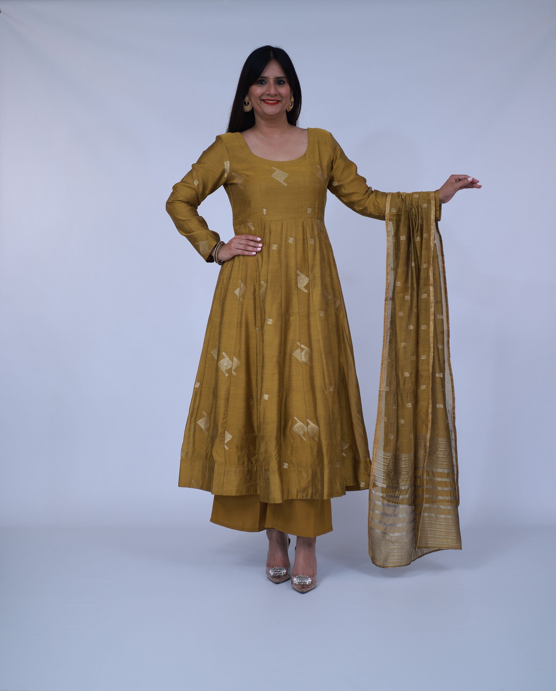 Mustard Woven Chanderi Silk Anarkali Suit With Dupatta
