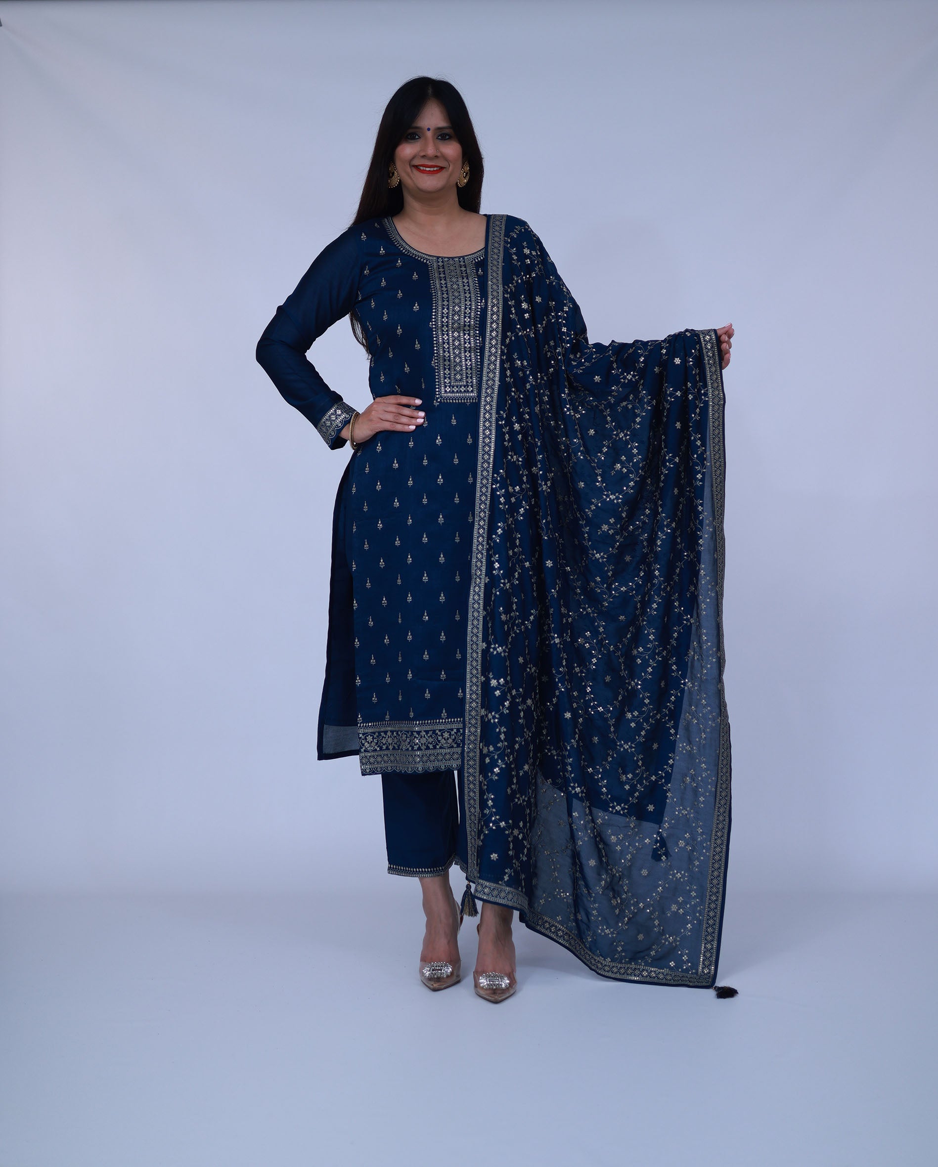 Navy Blue Embroidered Silk Blend Suit With Dupatta