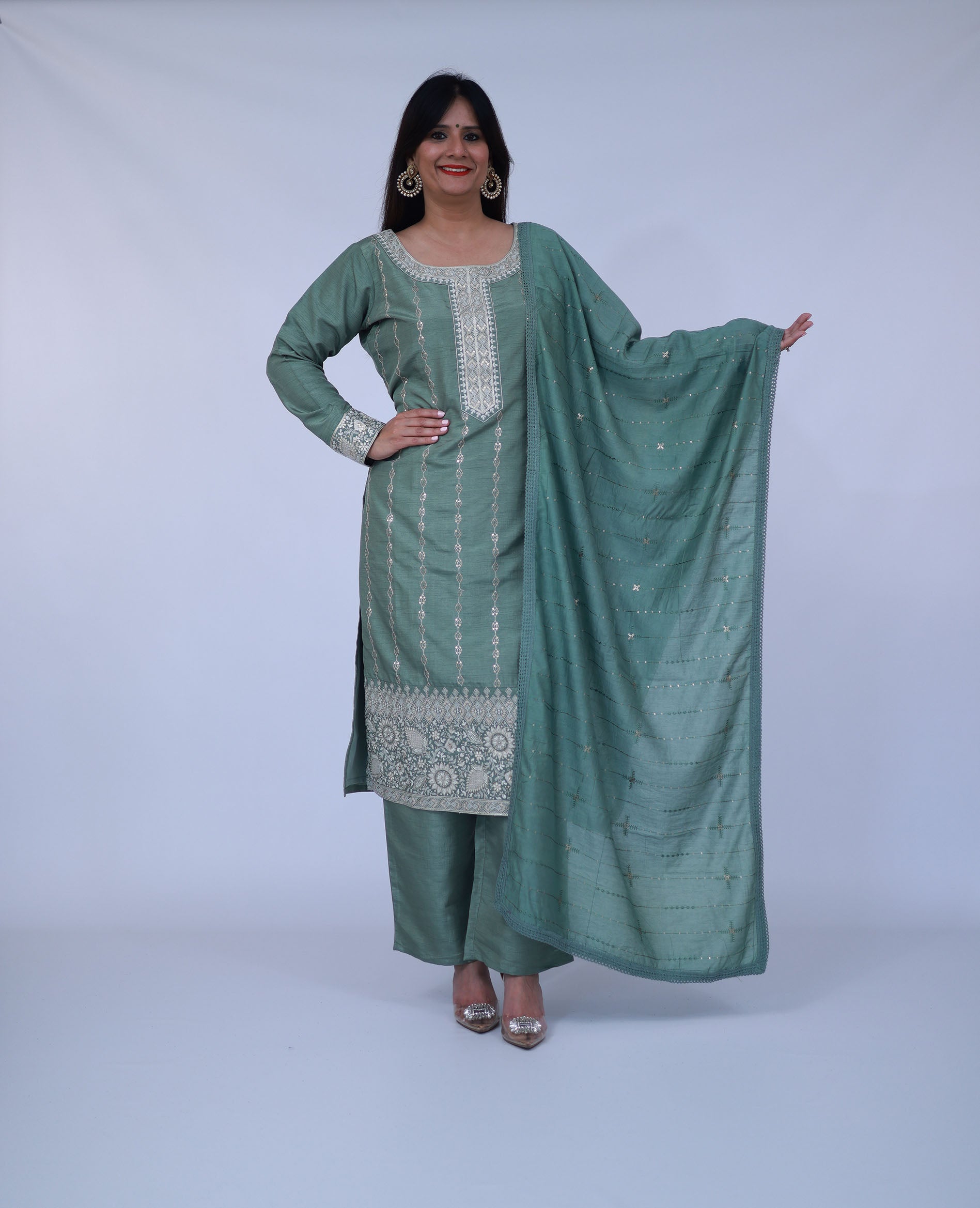 Sage Green Embroidered Silk Straight Suit With Dupatta