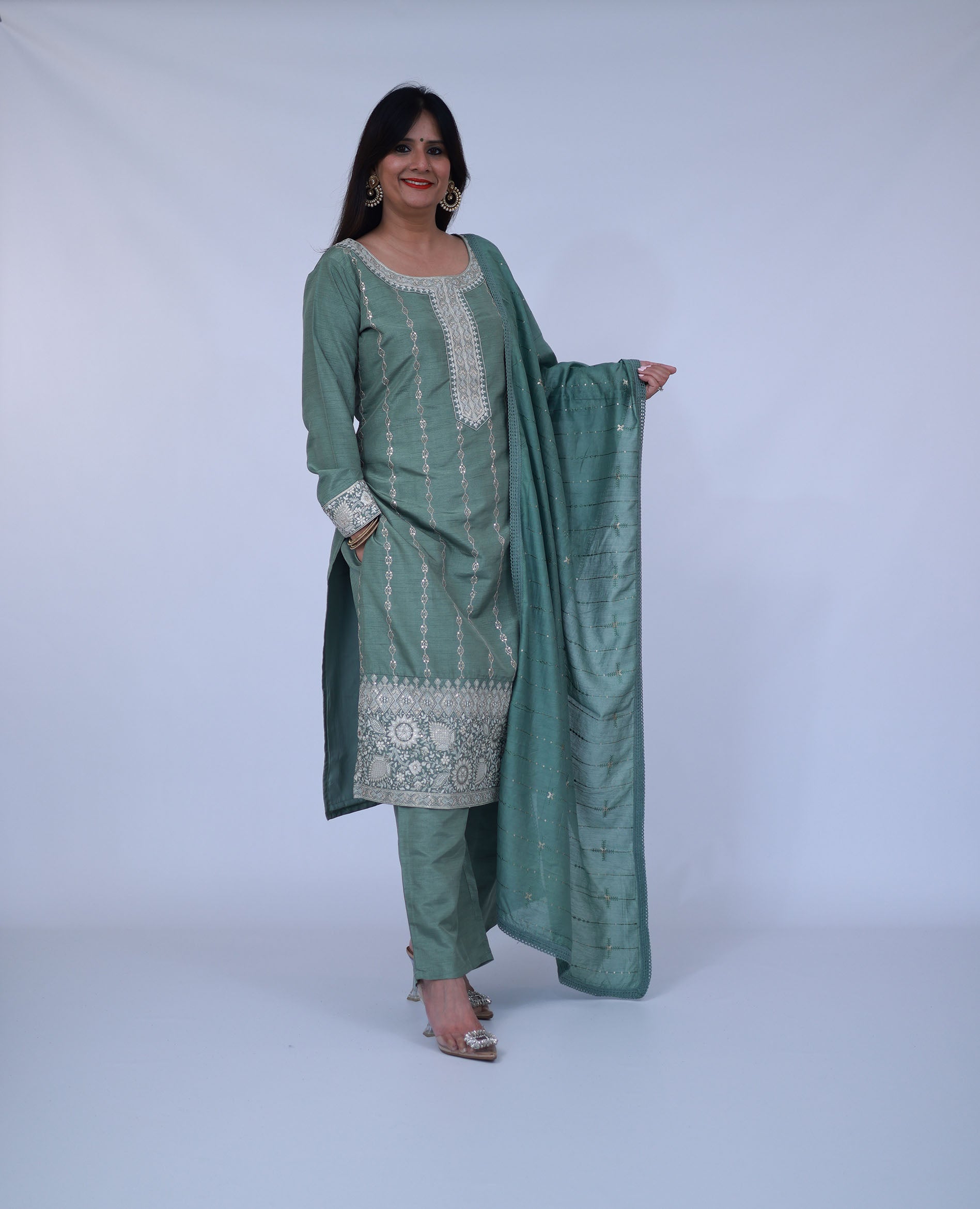 Sage Green Embroidered Silk Straight Suit With Dupatta