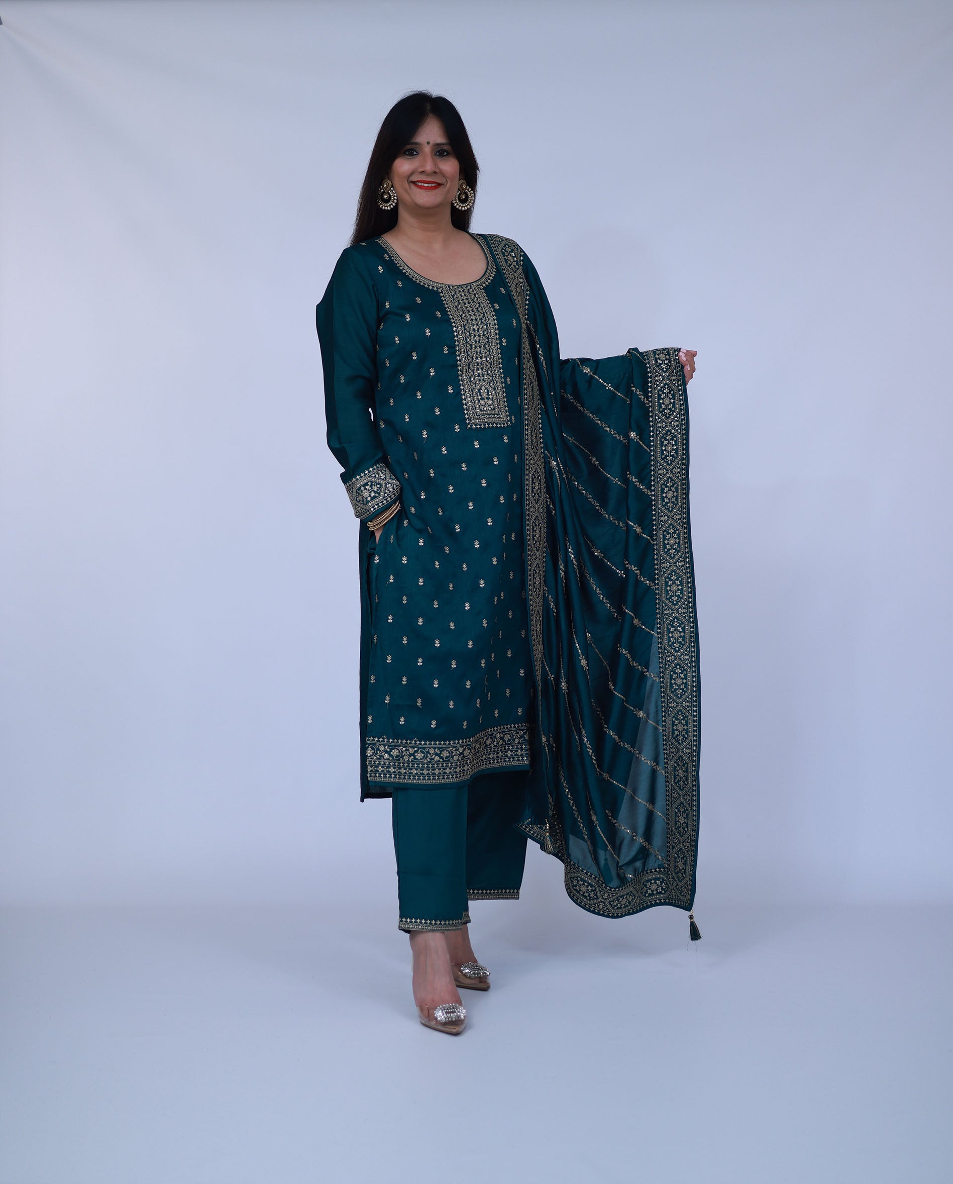 Silk Blend Straight Suit With Dupatta in Bottle Green