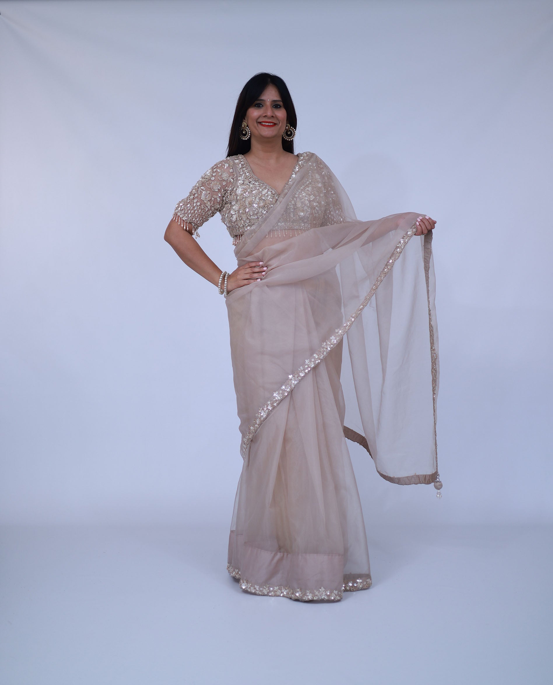 Beige Organza Saree with designer blouse