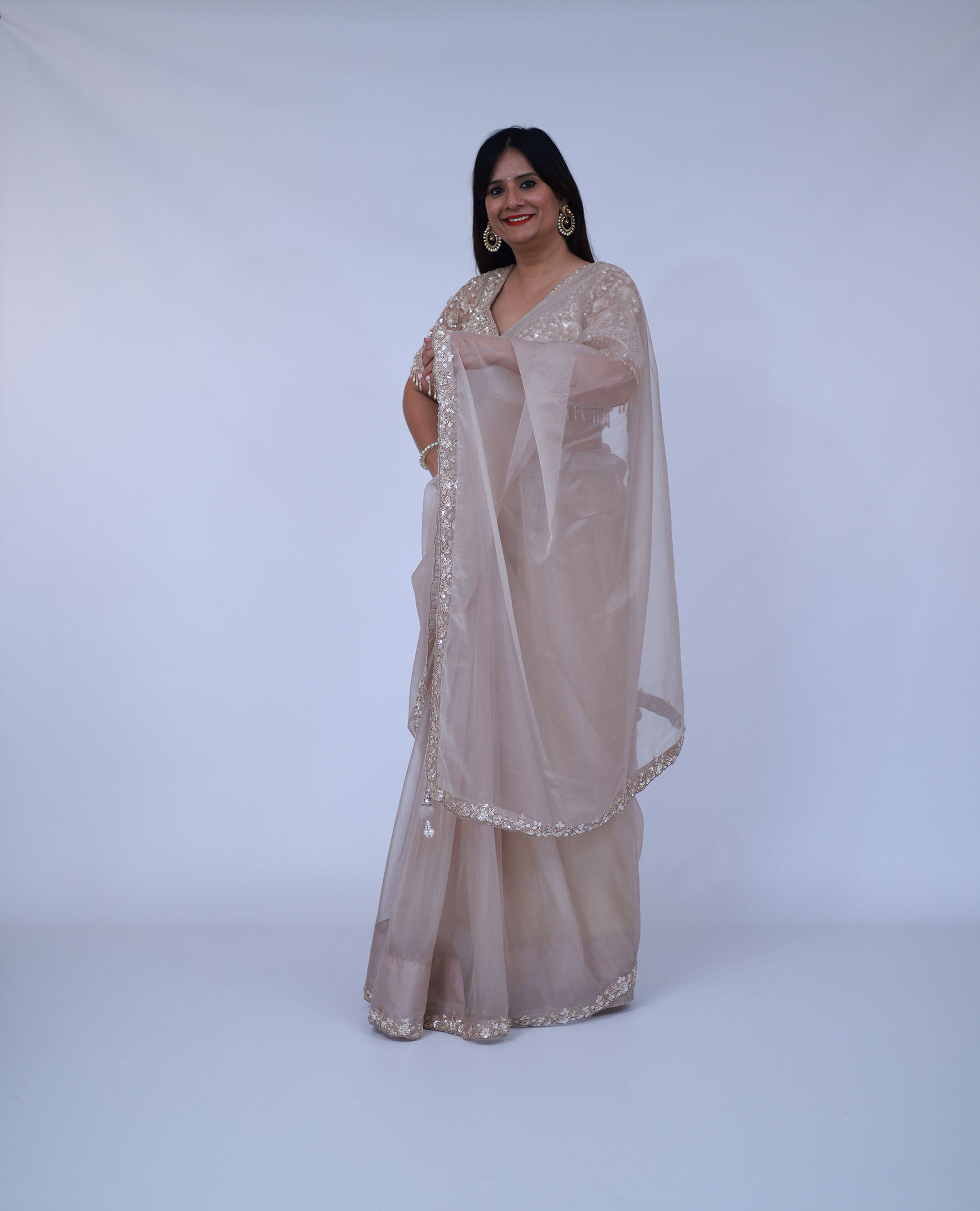 Beige Organza Saree with designer blouse