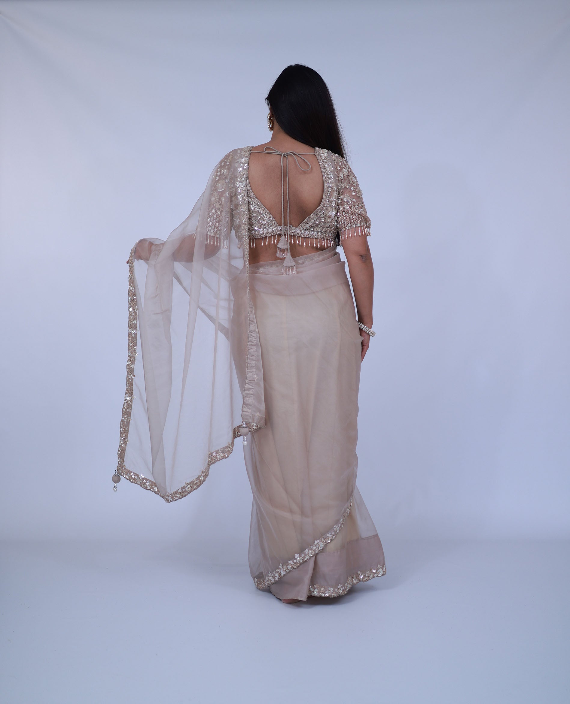 Beige Organza Saree with designer blouse