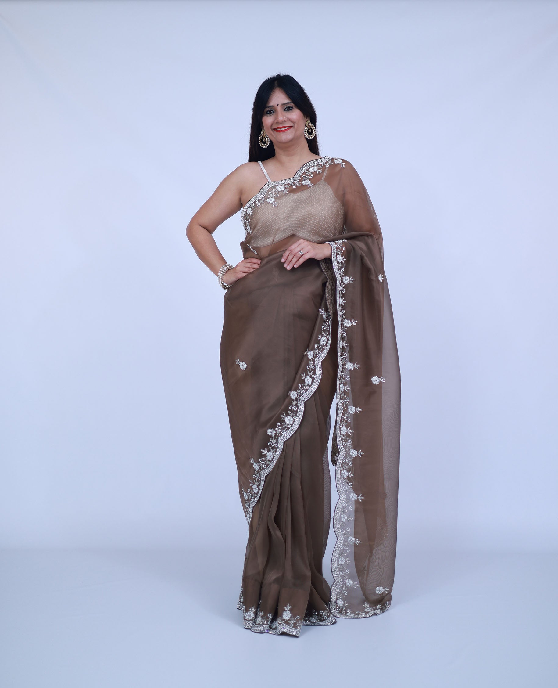 Mocha organza Saree with unstitched blouse