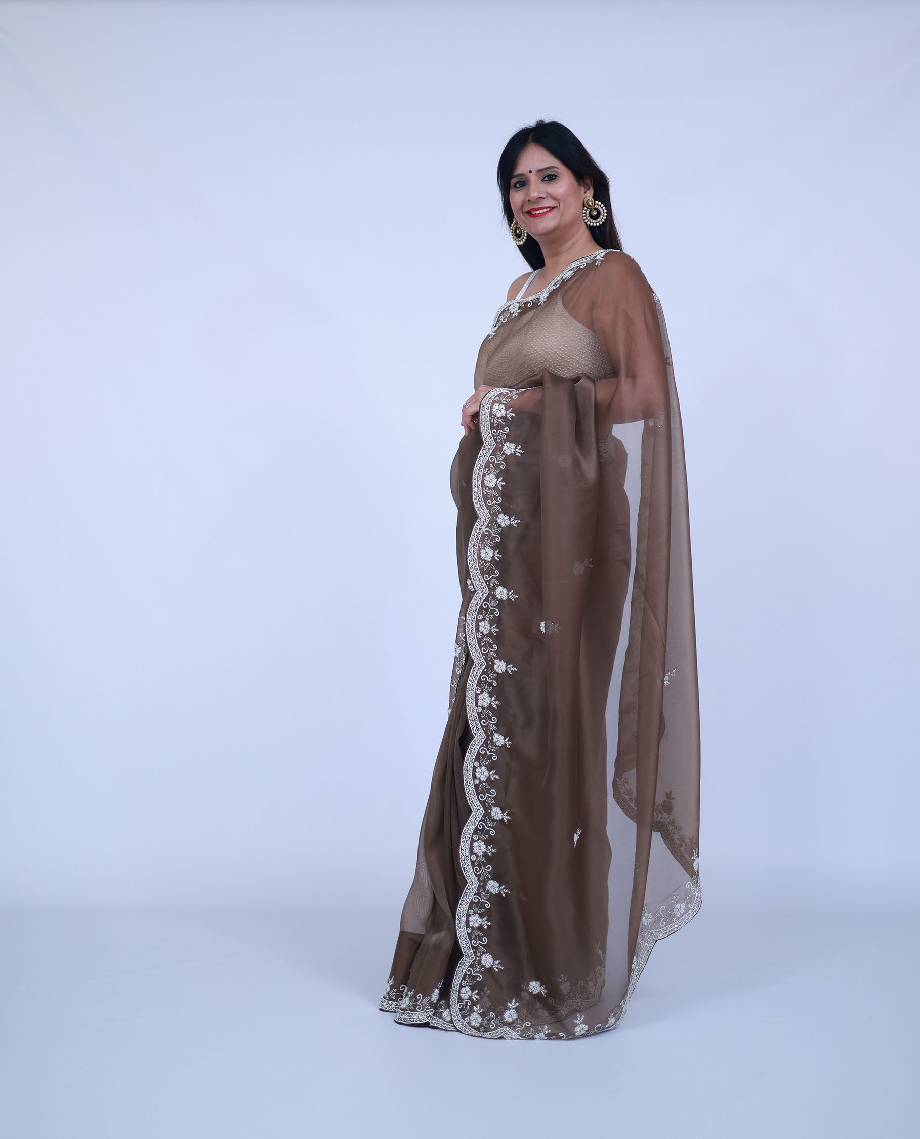 Mocha organza Saree with unstitched blouse