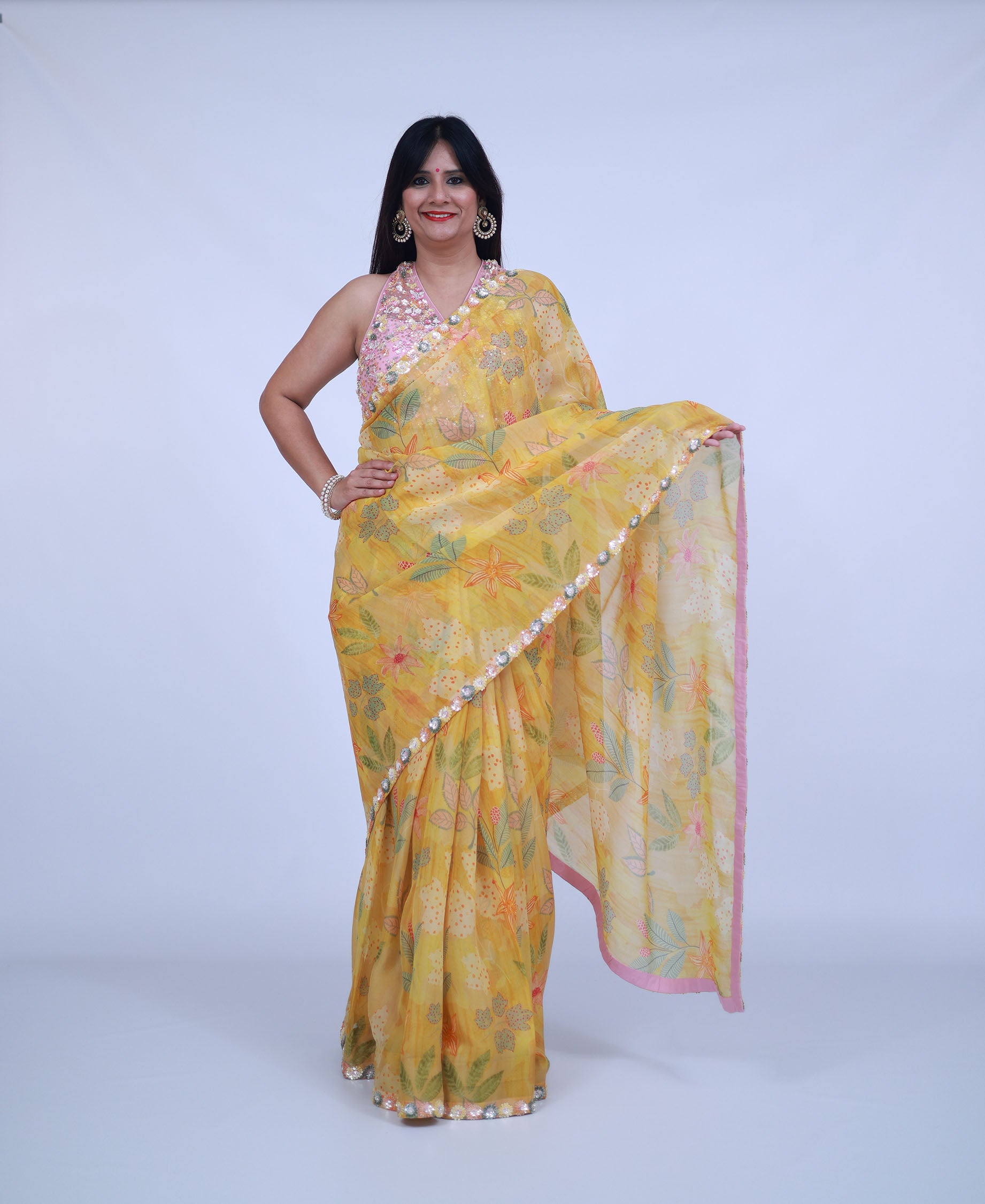 Yellow Floral Saree with designer blouse