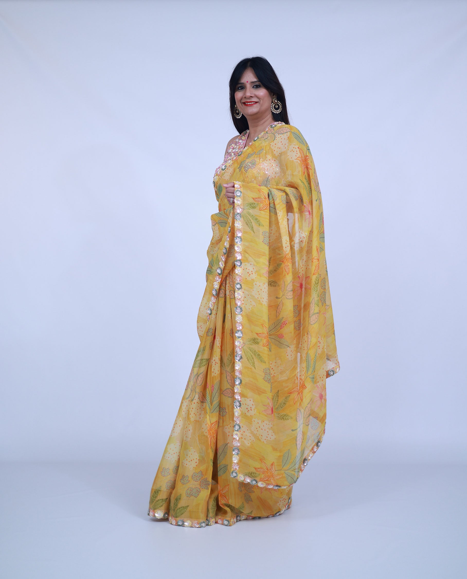 Yellow Floral Saree with designer blouse