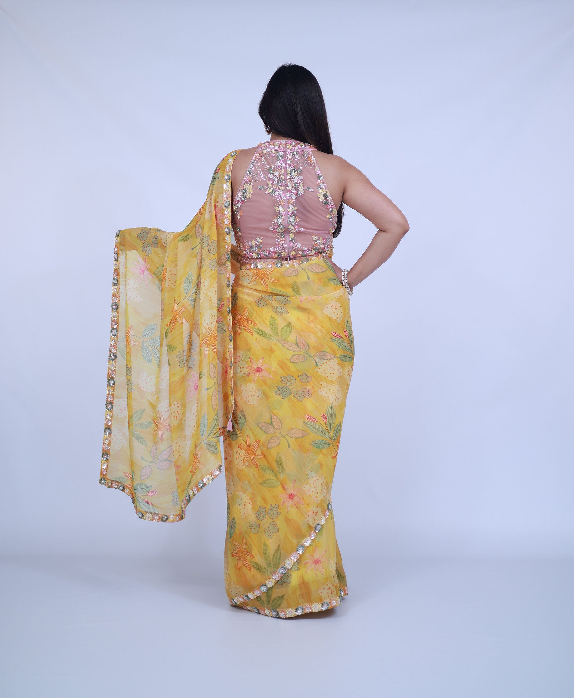 Yellow Floral Saree with designer blouse