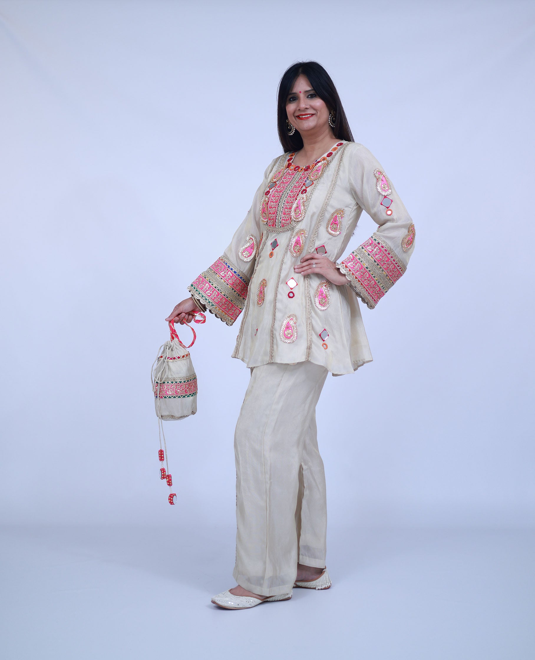 Punjabi Tissue Silk Indo-Western in Beige