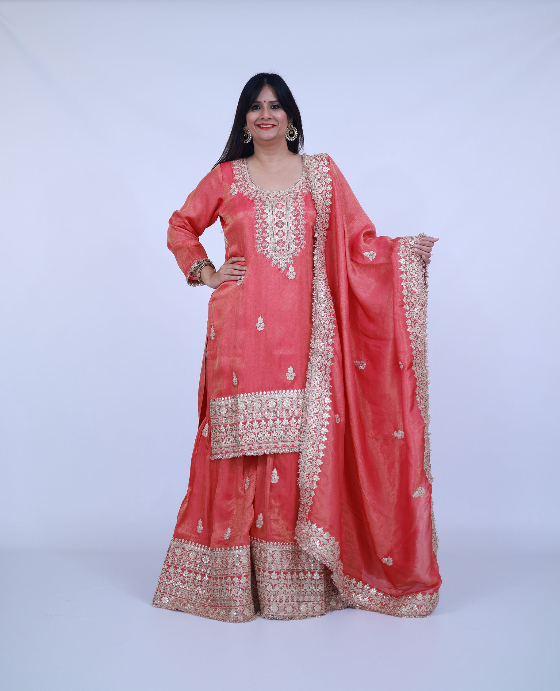 Peach Tissue Silk Sharara with gota work