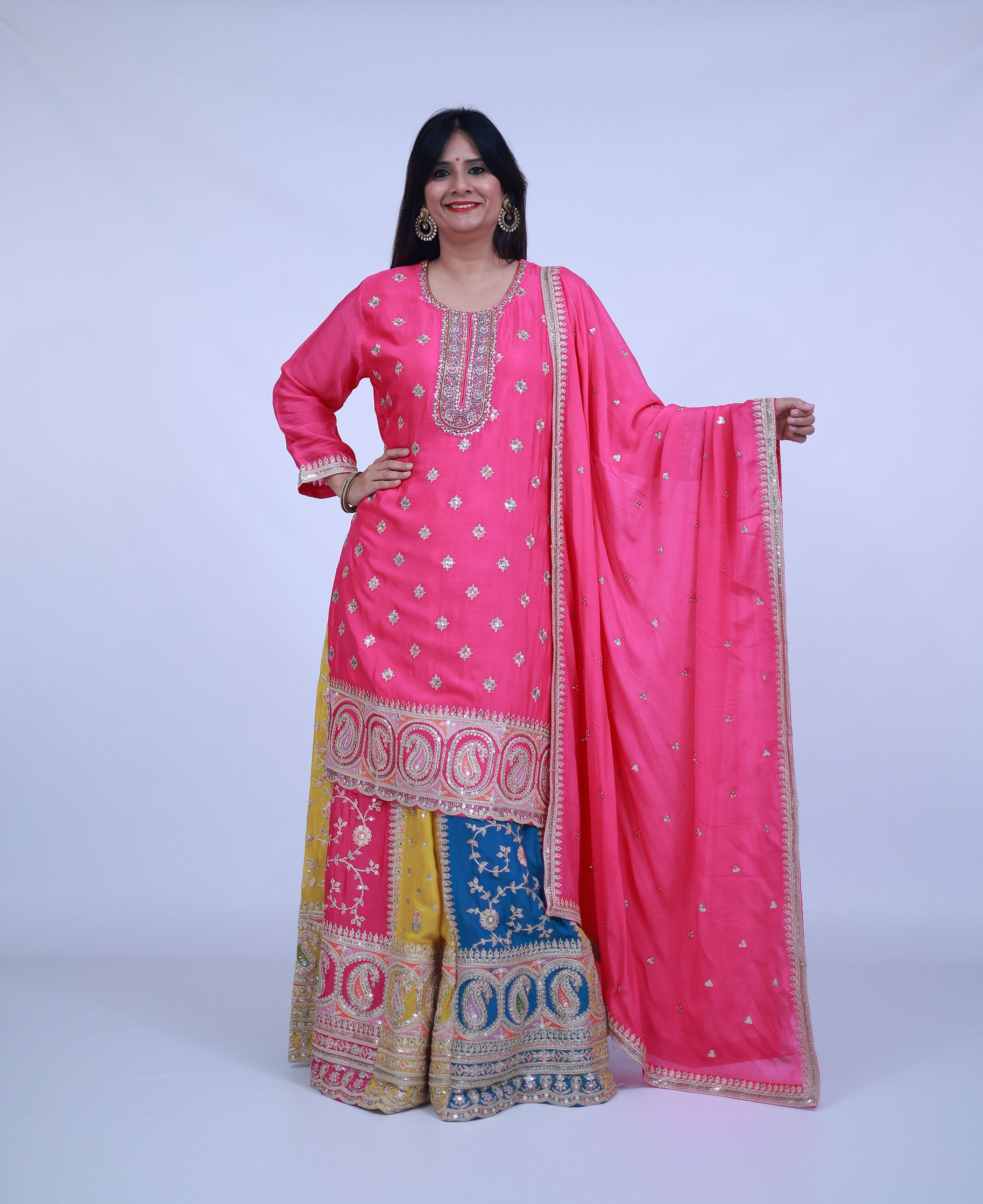 Pink Silk Kurta with Multi Color Skirt