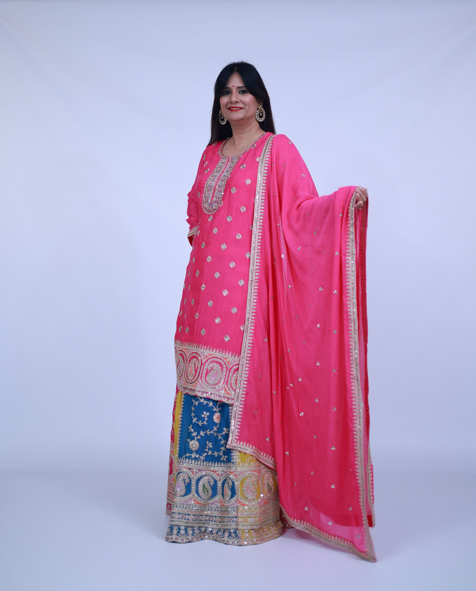 Pink Silk Kurta with Multi Color Skirt