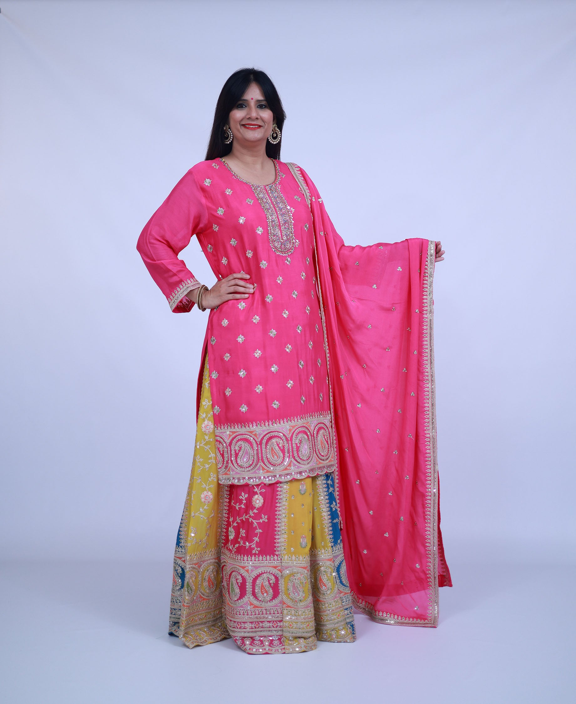 Pink Silk Kurta with Multi Color Skirt