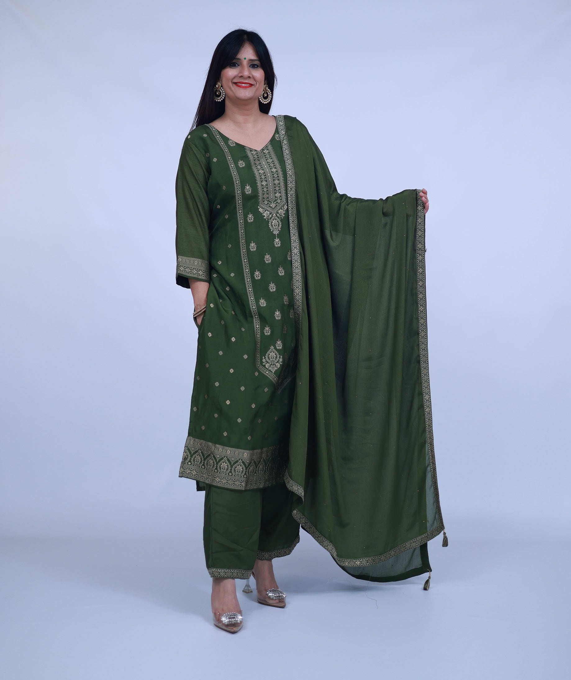 Olive Green Silk Blend Suit with pants and dupatta