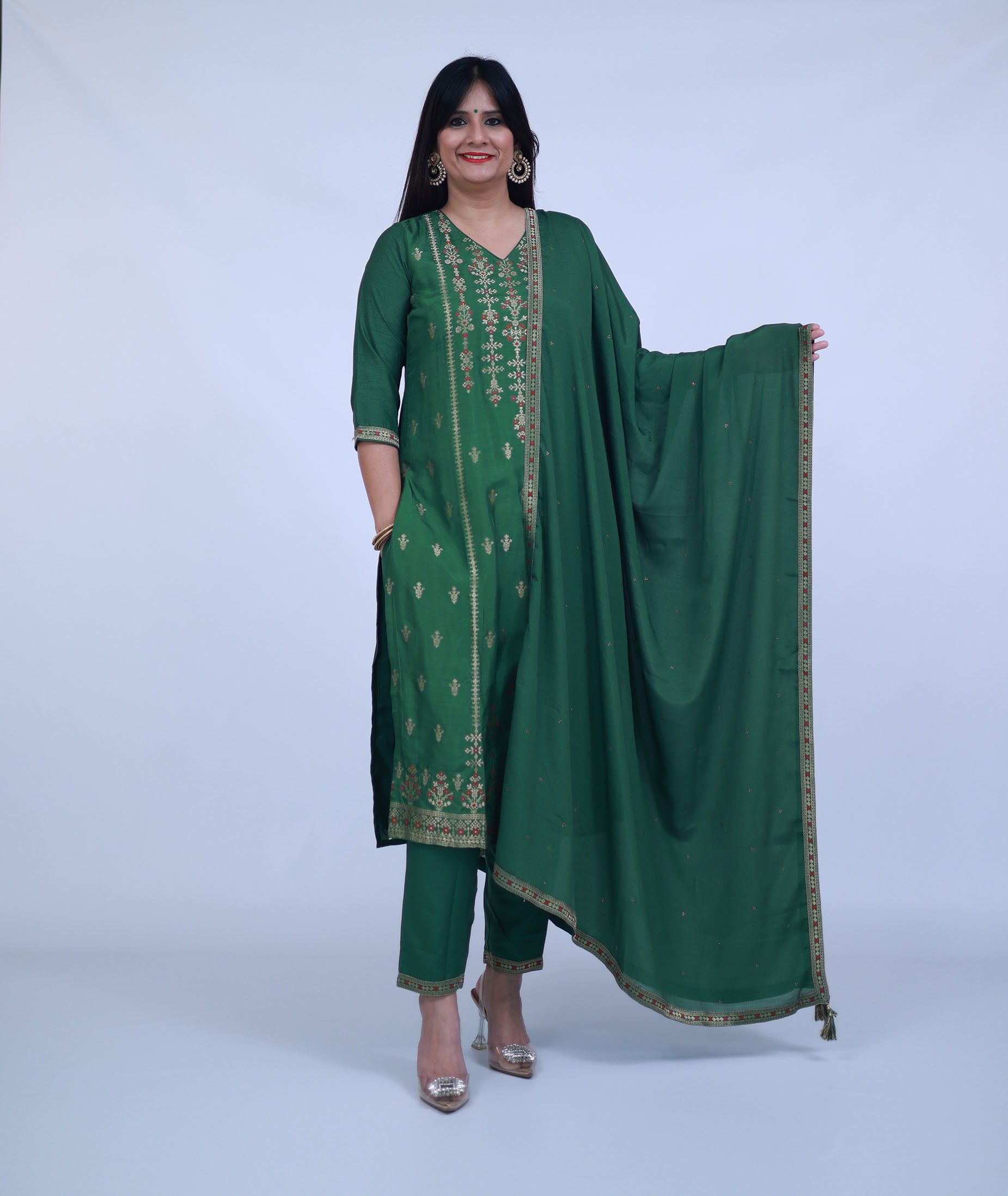 Green Silk Blend Suit with pants and dupatta