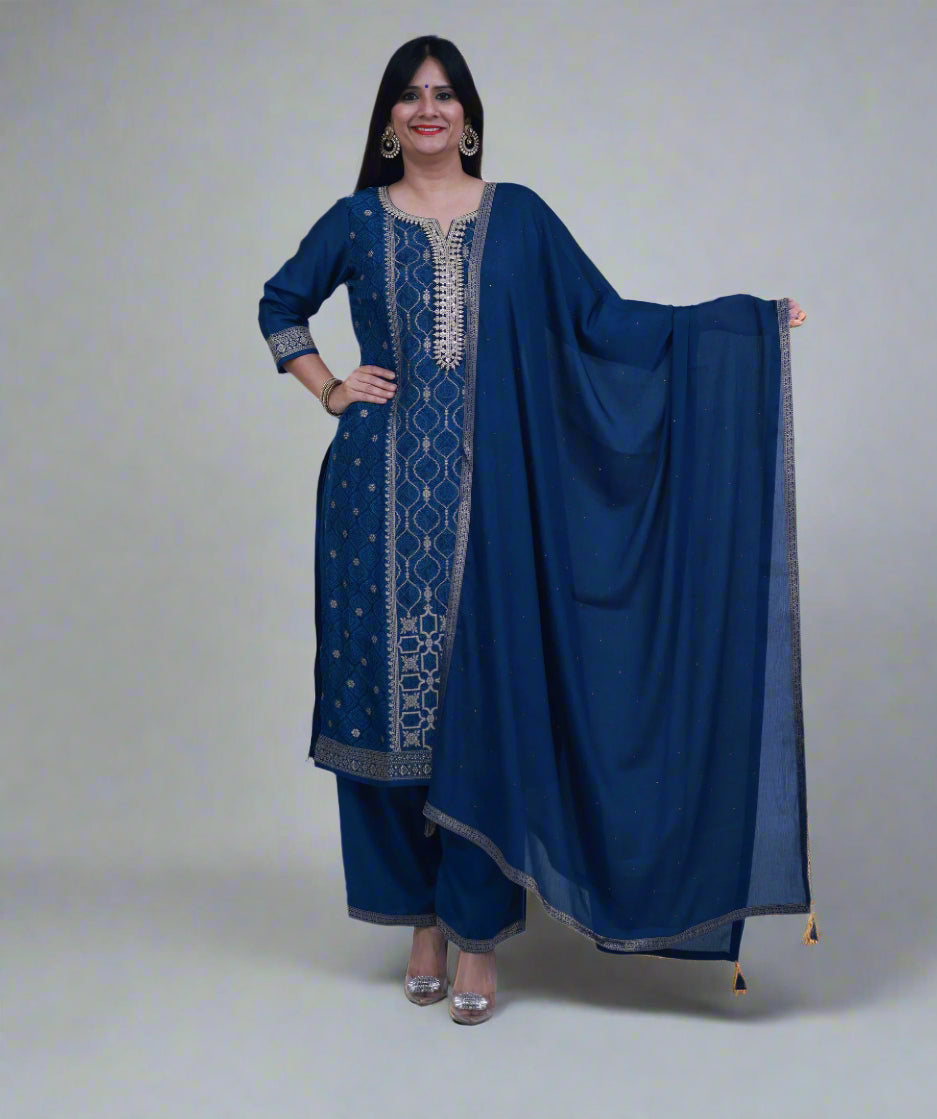 Silk Blend Suit with Pants and Dupatta in Blue
