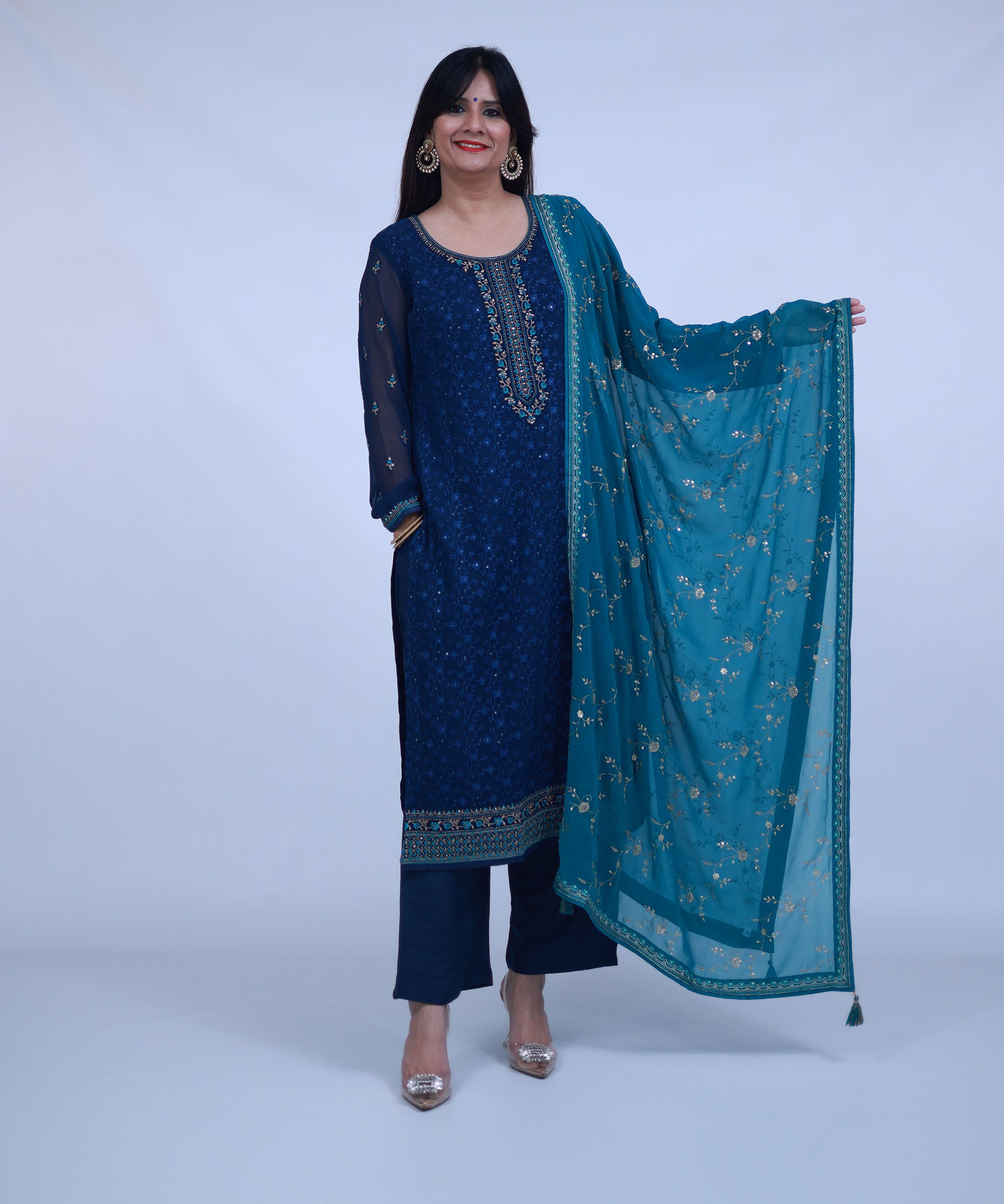 Navy Blue Embroidered Georgette Straight Suit With Dupatta