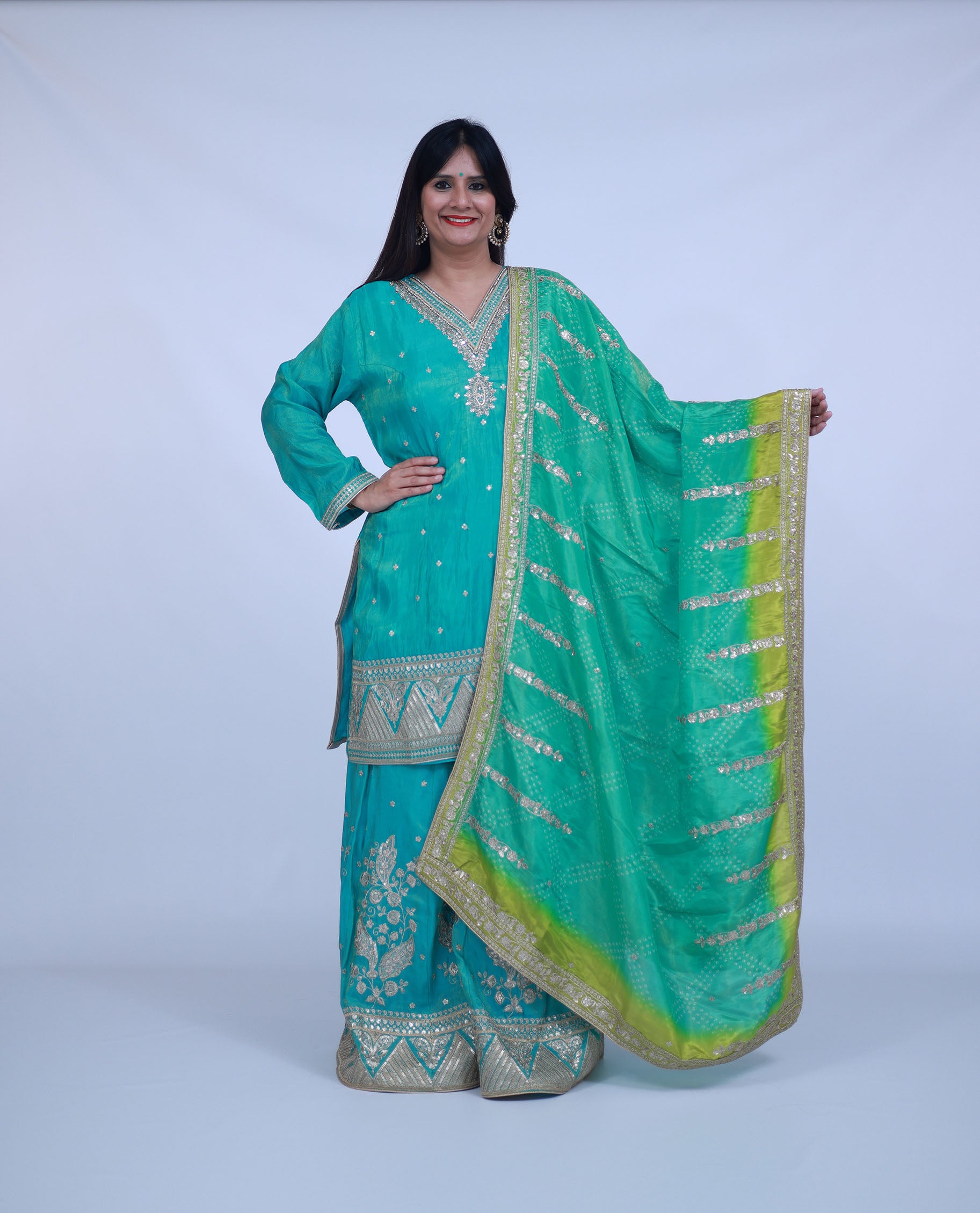 Green Sharara with bandhani dupatta