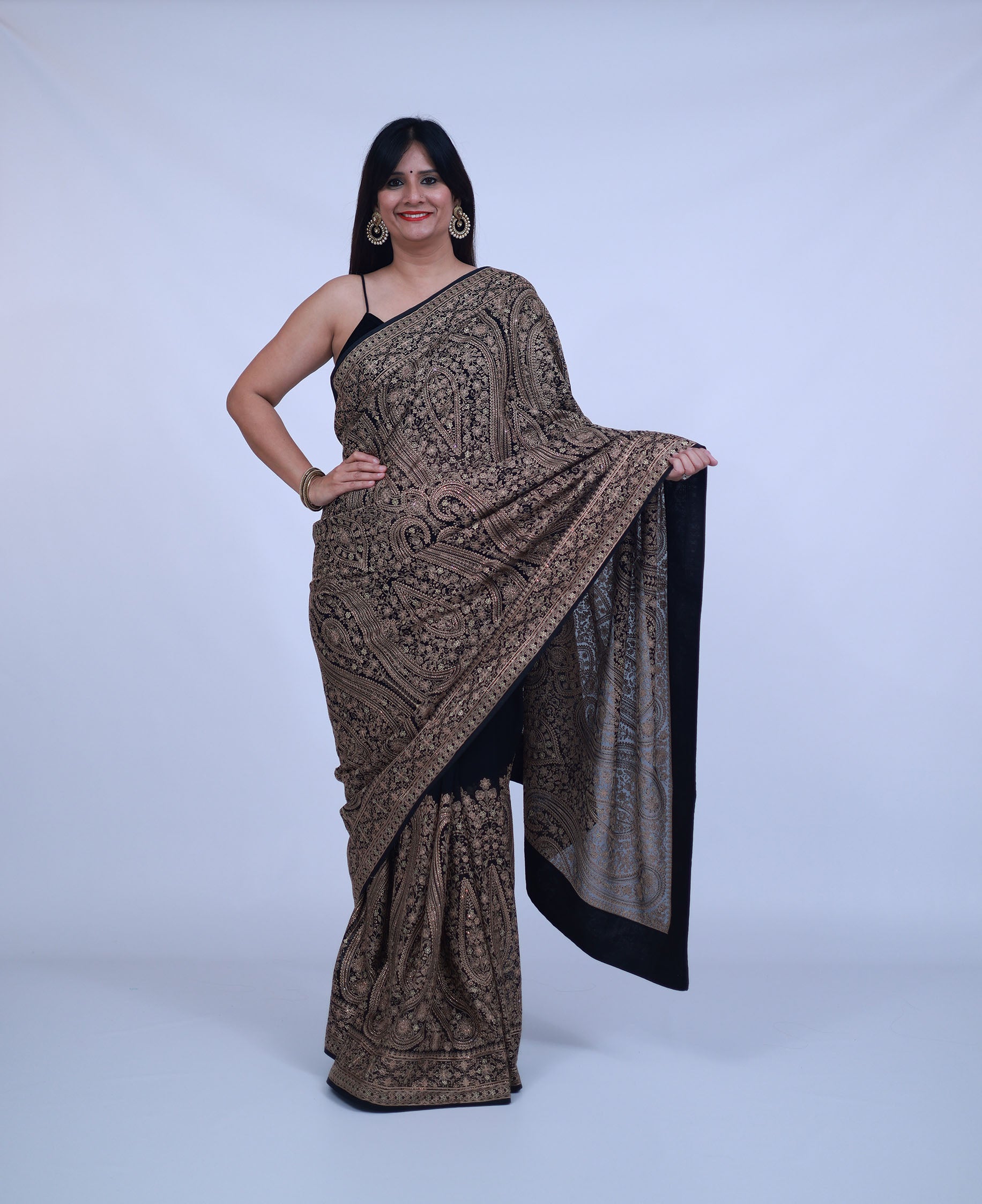 Black Kashmiri Embroidered Saree with unstitched blouse