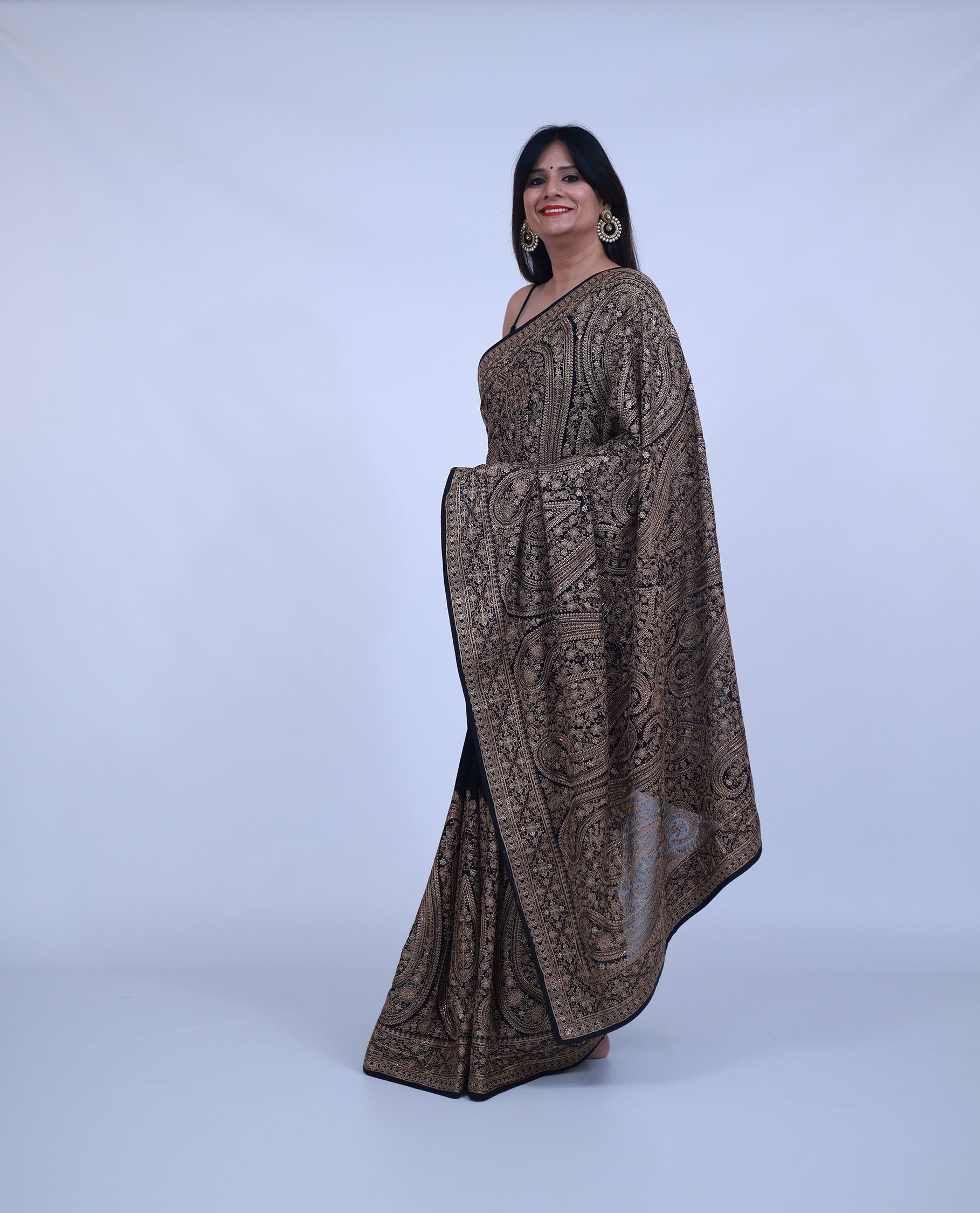 Black Kashmiri Embroidered Saree with unstitched blouse