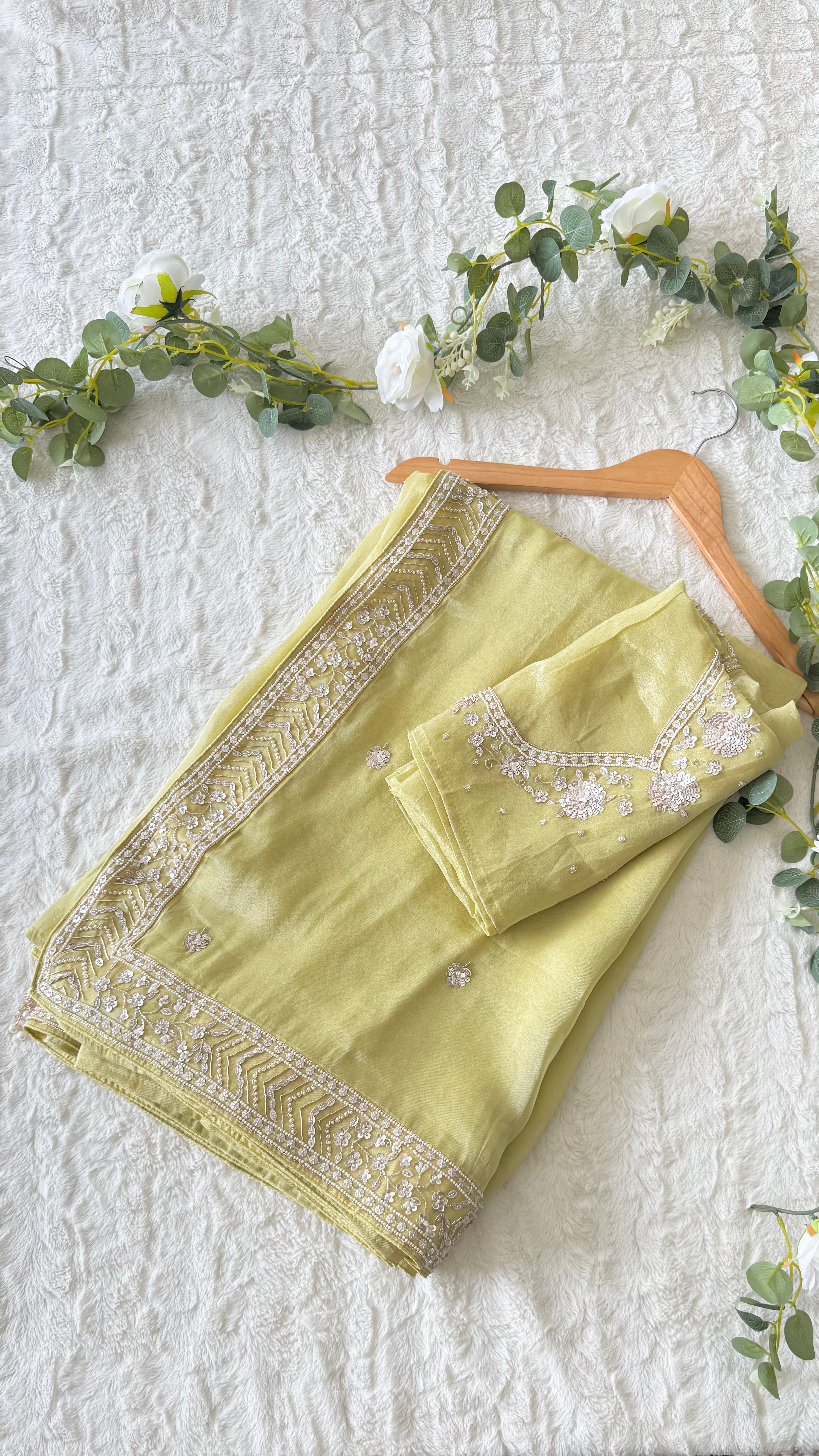 Green Silk saree with unstitched blouse