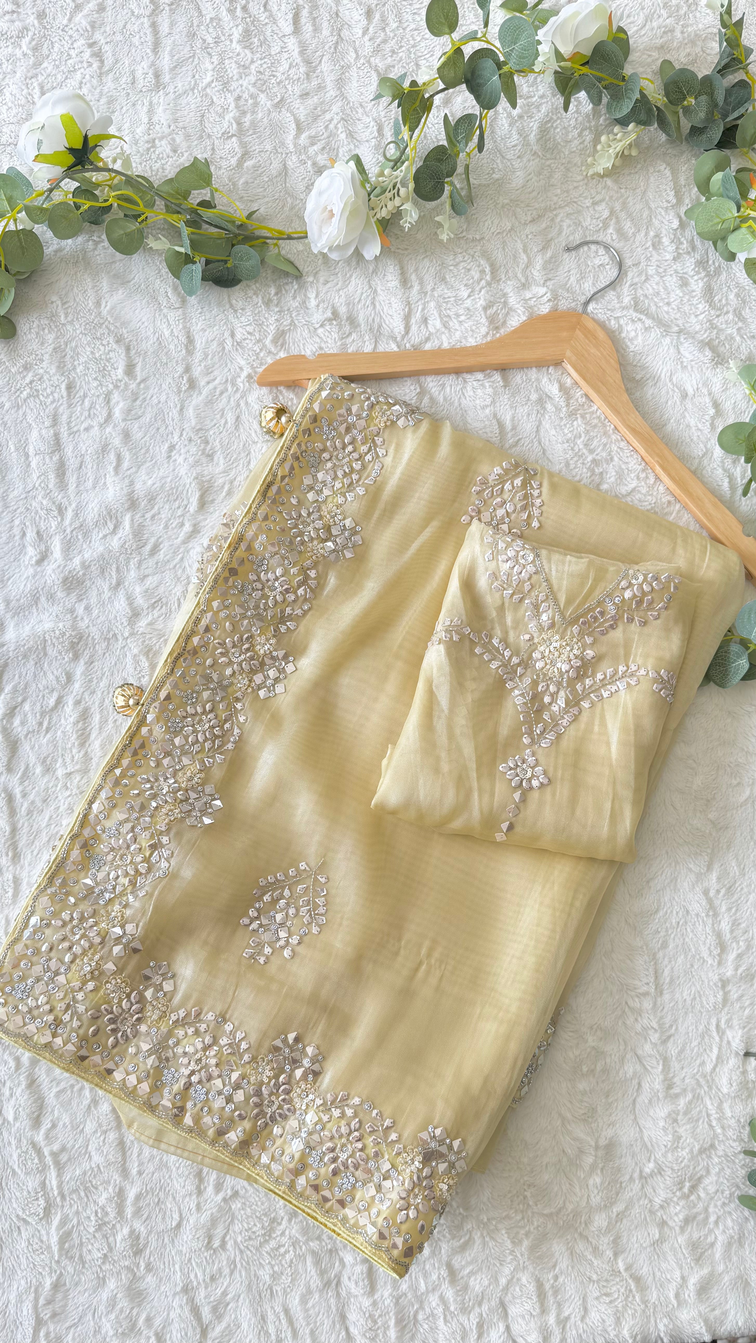 Pastel Lemon Yellow Organza Saree with unstitched blouse